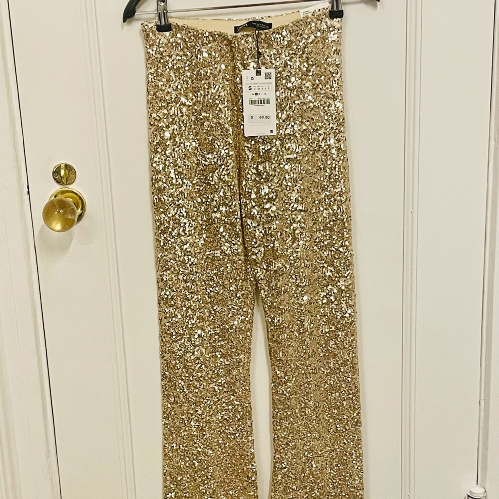 Zara Gold Sequined Pants NEW WITH TAGS